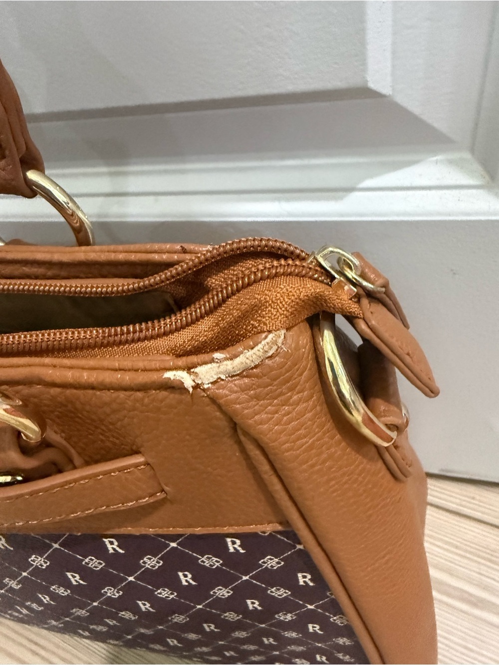 The Danbury Mint Monogram Structured Satchel Brown Faux Leather Top Handle Cross - Picture 9 of 9